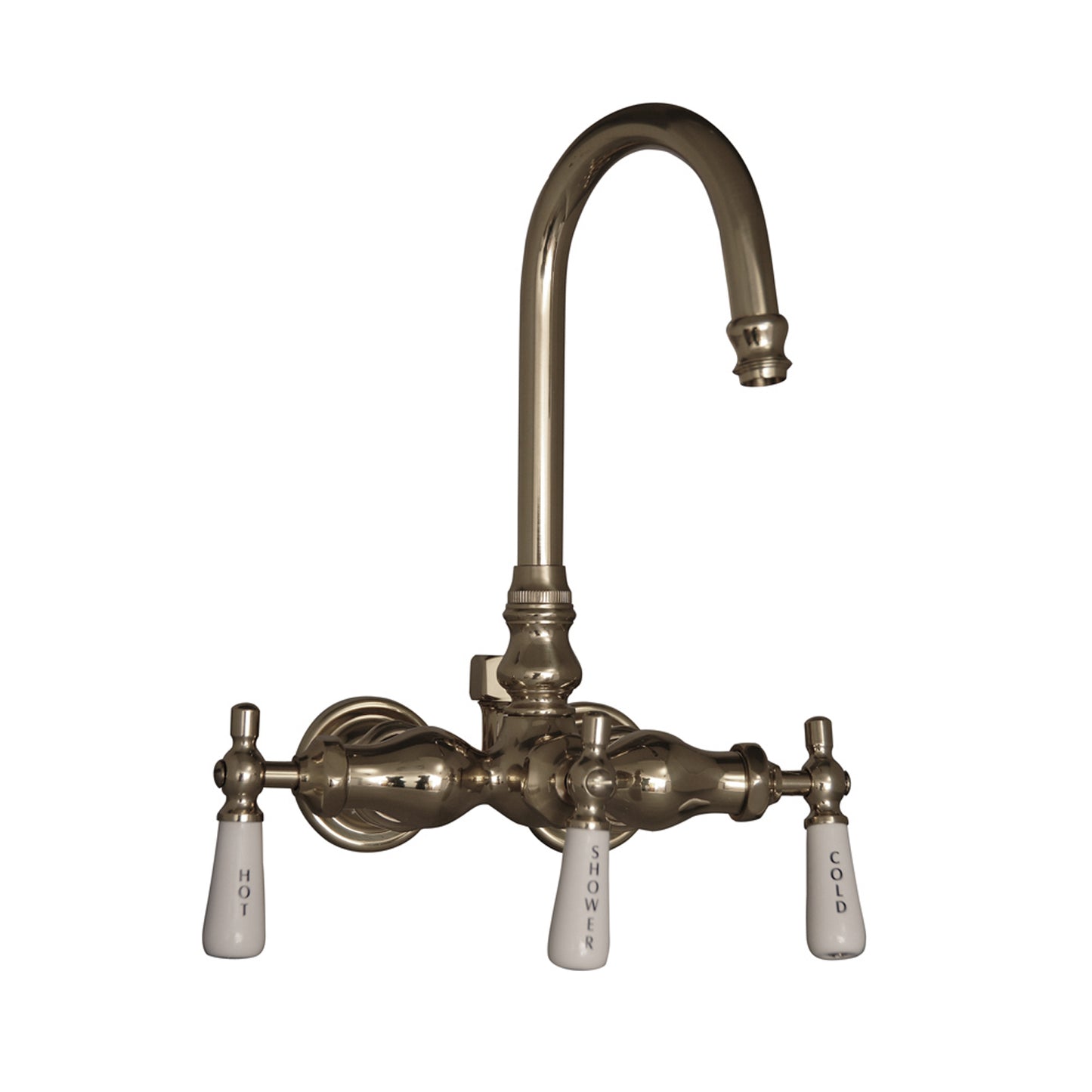 Tub Diverter Gooseneck Faucet with Porcelain Lever Handles in Polished Nickel