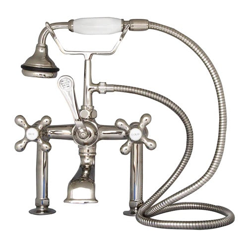 Tub Deck Diverter Faucet with Hand Shower & Cross Handles in Polished Nickel