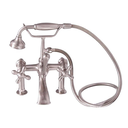 Wide Spout Tub Wall Faucet with Hand Shower & Cross Handles in Brushed Nickel