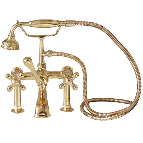 Wide Spout Tub Wall Faucet with Hand Shower & Cross Handles in Polished Brass