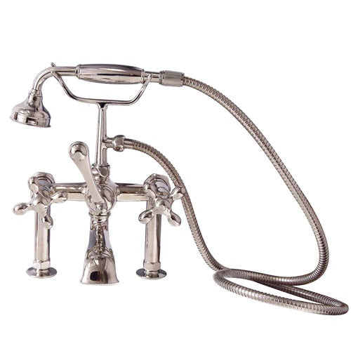 Wide Spout Tub Wall Faucet with Hand Shower & Cross Handles in Polished Nickel
