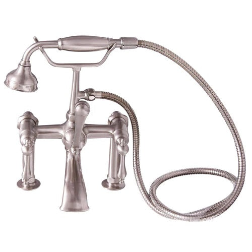 Wide Spout Tub Wall Faucet with Hand Shower & Finial Lever Handles in Brushed Nickel