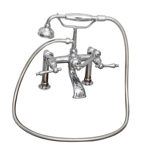 Wide Spout Tub Wall Faucet with Hand Shower & Finial Lever Handles in Chrome