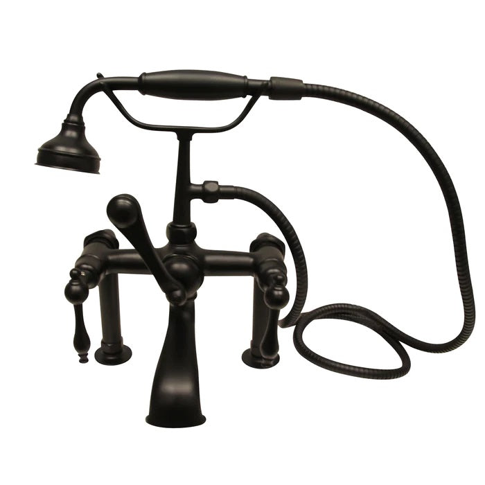 Wide Spout Tub Wall Faucet with Hand Shower & Finial Lever Handles in Matte Black
