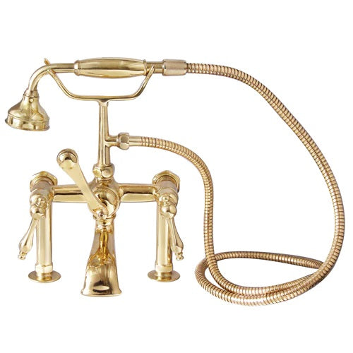 Wide Spout Tub Wall Faucet with Hand Shower & Finial Lever Handles in Polished Brass