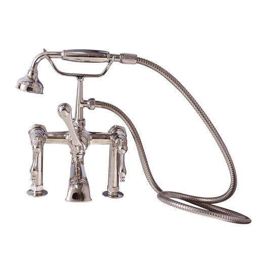 Wide Spout Tub Wall Faucet with Hand Shower & Finial Lever Handles in Polished Nickel