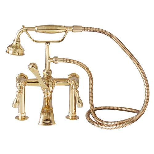 Wide Spout Tub Wall Faucet with Hand Shower & Lever Handles in Polished Brass