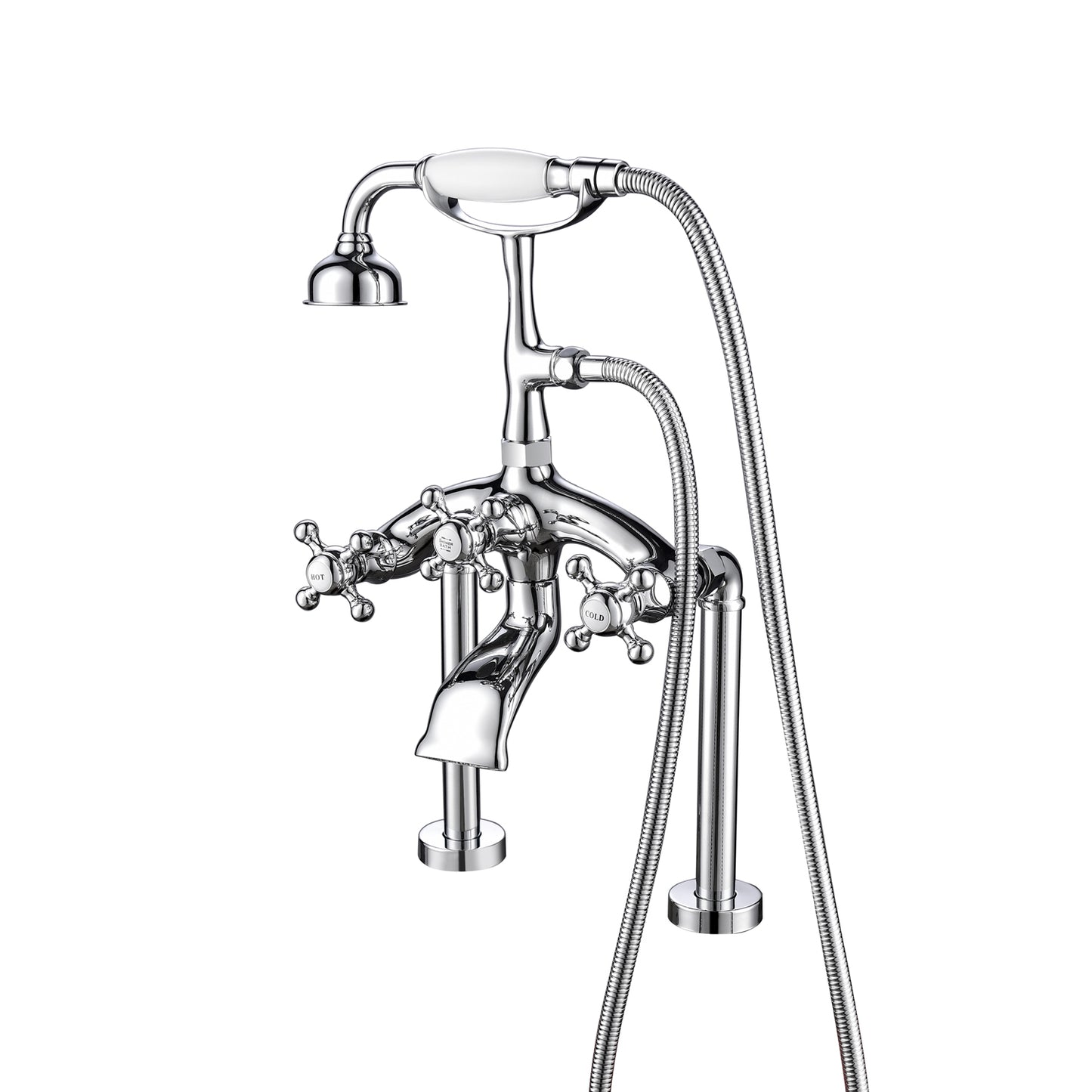Tall Tub Rim Faucet with 8" Centers, Hand Shower, & Cross Handles Chrome