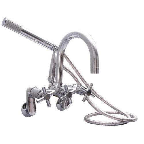 Tub Wall Mount Gooseneck Faucet with Hand Shower & Cross Handles Chrome