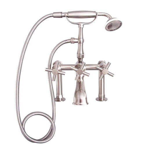 Tub Rim Mount Diverter Faucet with Cross Handles & Hand Shower Polished Nickel