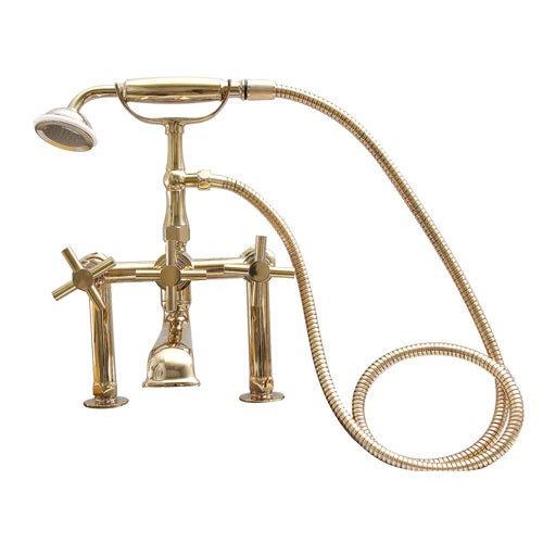 Tub Rim Mount Diverter Faucet with Cross Handles & Hand Shower Polished Brass