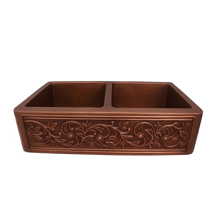 Cilantro Copper 36" Embossed Front Double Bowl Apron Kitchen Sink