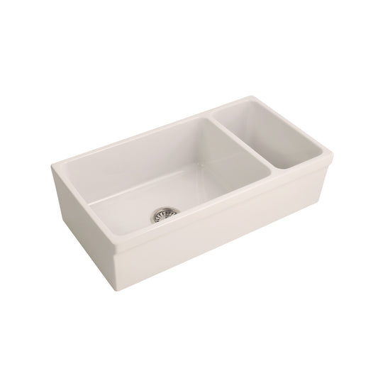 Lowell 36" Offset Double Bowl Fireclay Apron Kitchen Sink Bisque Finish