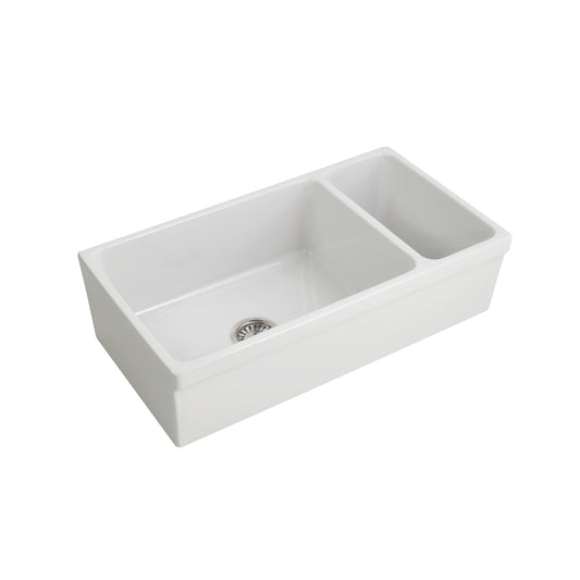 Lowell 36" Offset Double Bowl Fireclay Apron Kitchen Sink White Finish
