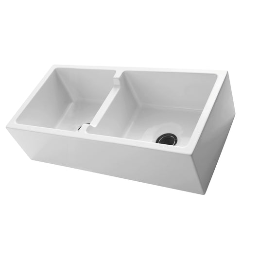 Mina 39" Double Bowl Low-Divide Apron Kitchen Sink White Finish