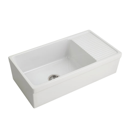 Inez 36" Single Bowl Fireclay Apron Kitchen Sink with Drainboard in Bisque