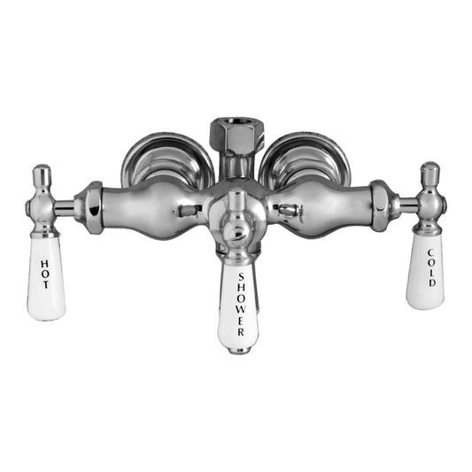 Three-Handle Clawfoot Tub Diverter Faucet in Chrome with Porcelain Lever Handles