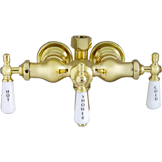 Three-Handle Clawfoot Tub Diverter Faucet in Polished Brass with Porcelain Lever Handles