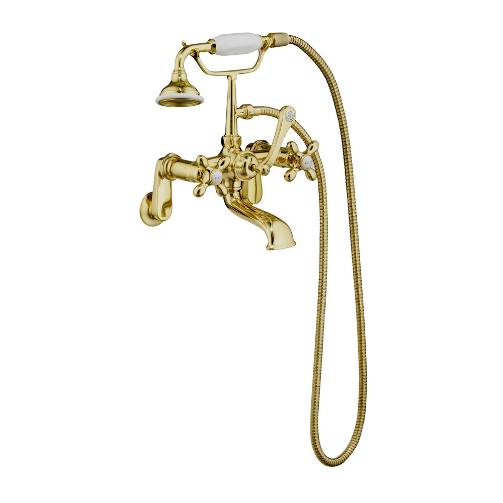 Wide Spout Tub Faucet, Hand Shower, Cross Handles, Polished Brass with Porcelain