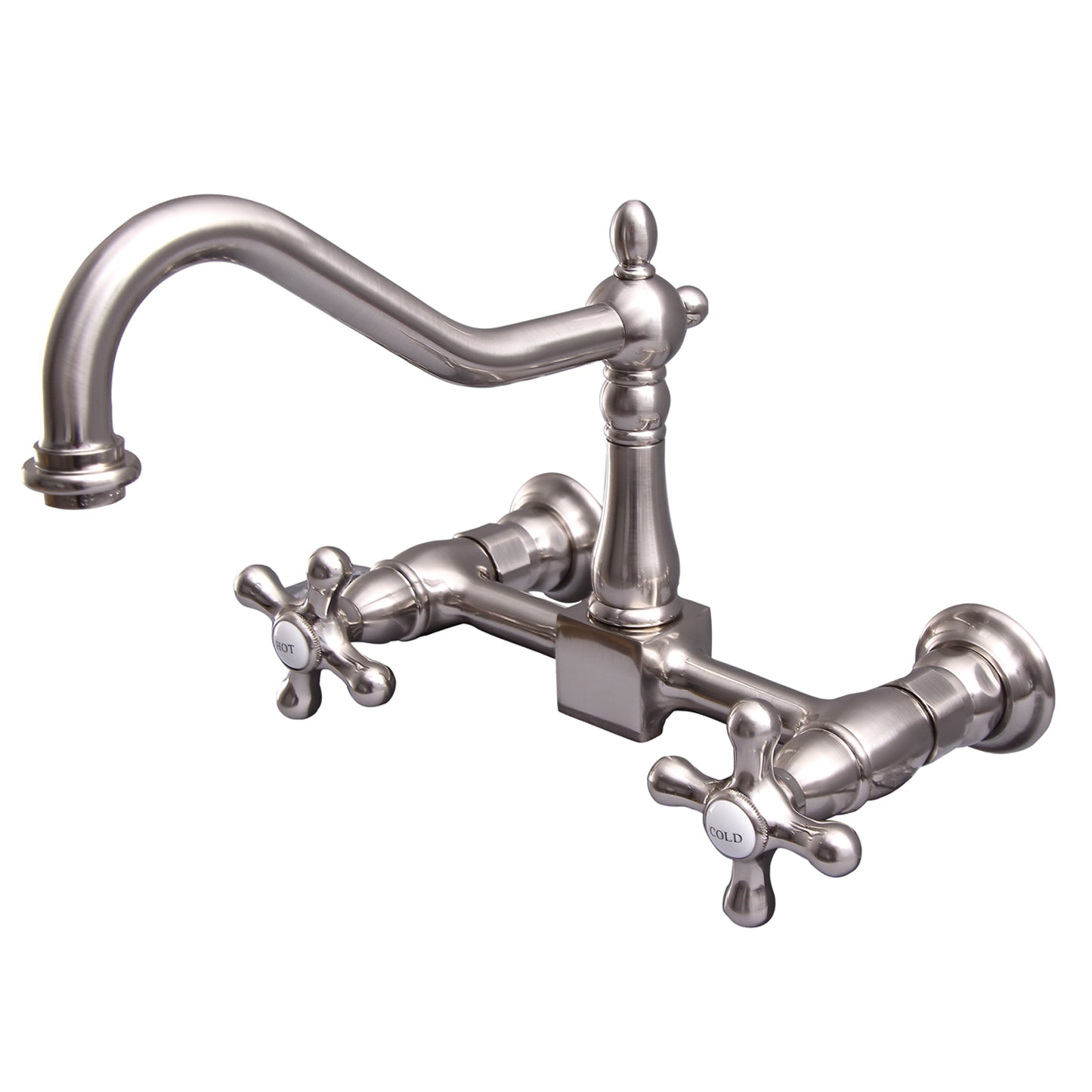 Kate Gooseneck Spout Faucet, Cross Handles, Ceramic Disc, Brushed Nickel