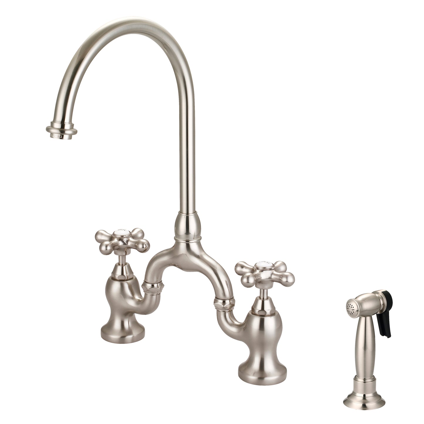 Banner Kitchen Bridge Faucet, Sidesprayer & Metal Cross Handles, Brushed Nickel
