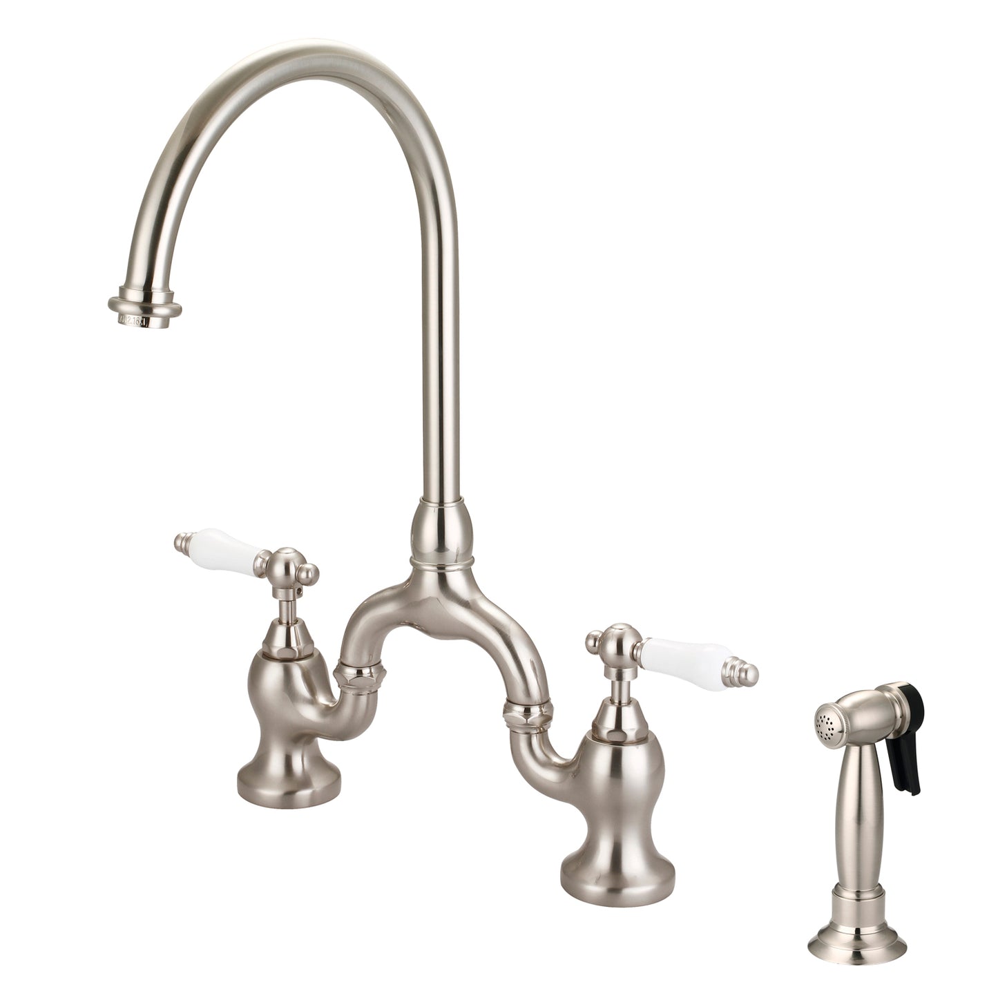 Banner Kitchen Bridge Faucet, Sidesprayer & Porcelain Lever Handle, Brushed Nickel