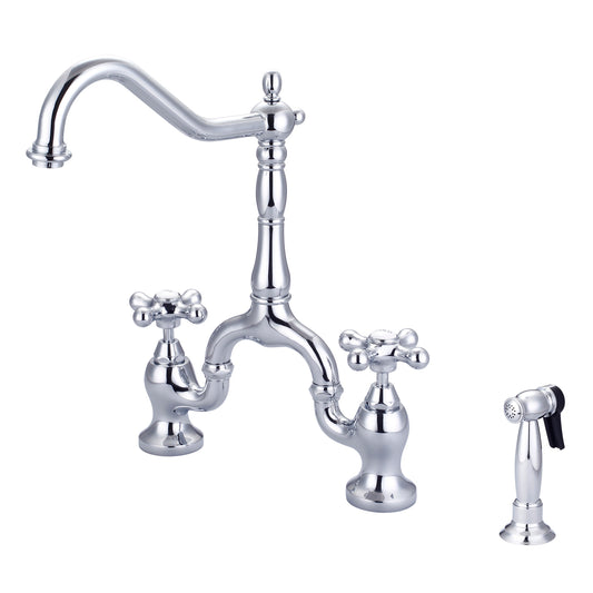 Carlton Kitchen Bridge Faucet, Sidesprayer & Metal Cross Handles, Chrome