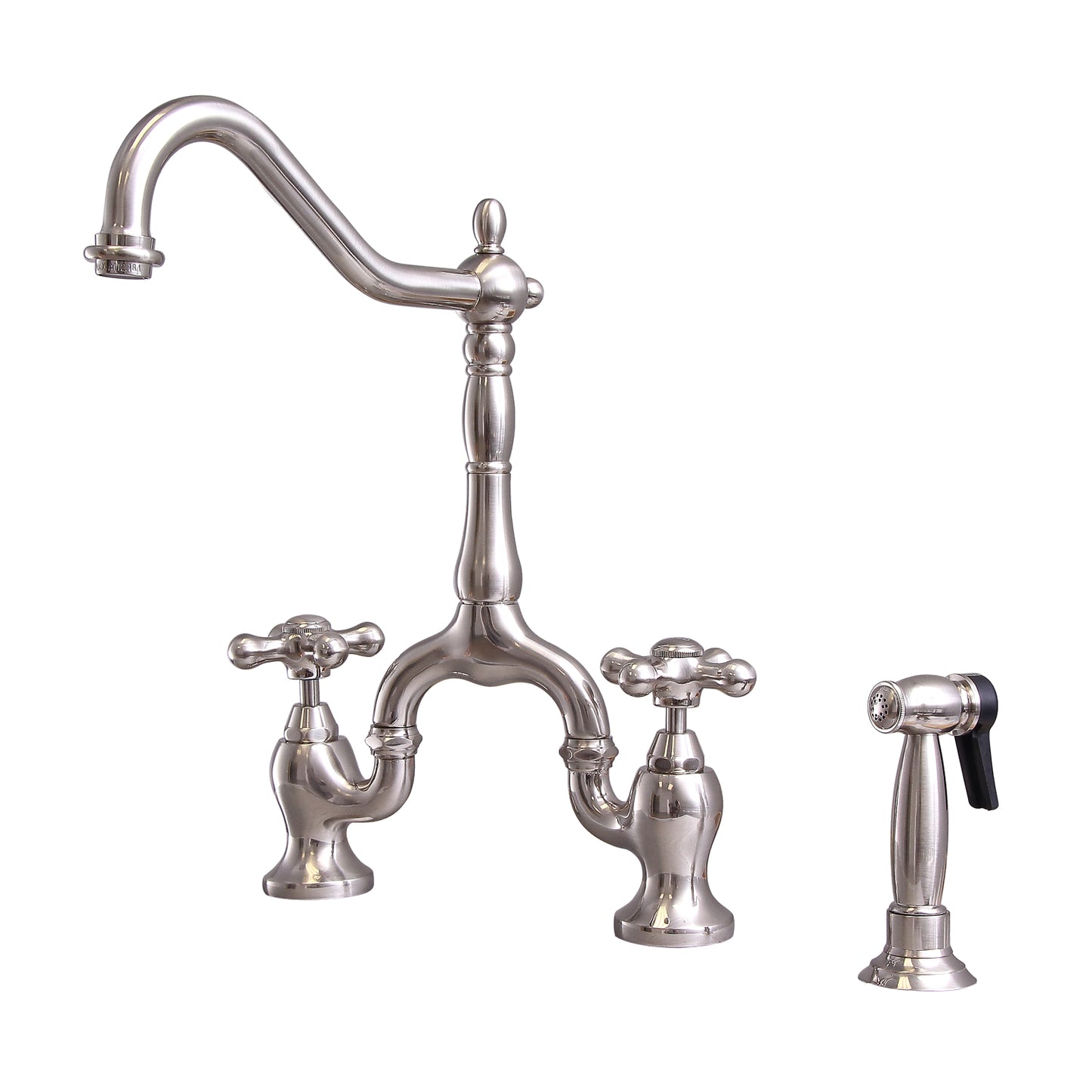 Carlton Kitchen Bridge Faucet with Sidesprayer & Cross Handles Brushed Nickel