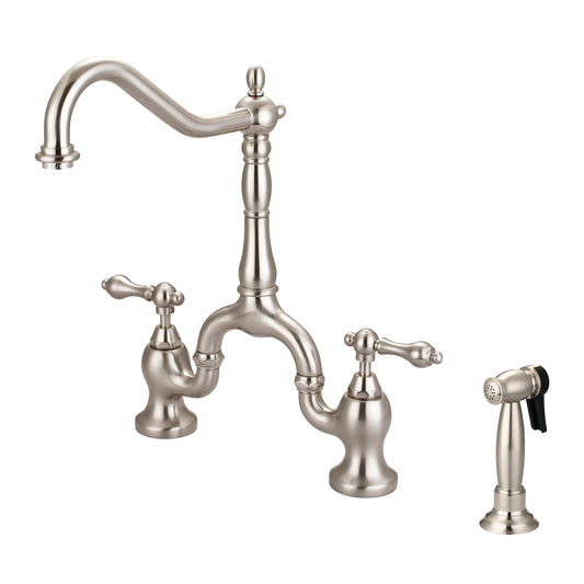 Carlton Kitchen Bridge Faucet, Sidesprayer & Metal Lever Handles, Brushed Nickel
