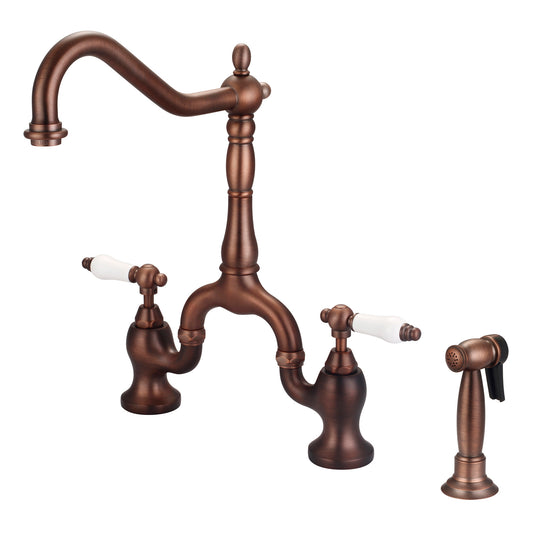 Carlton Kitchen Bridge Faucet, Sidesprayer & Porcelain Lever Handles, Oil Rubbed Bronze