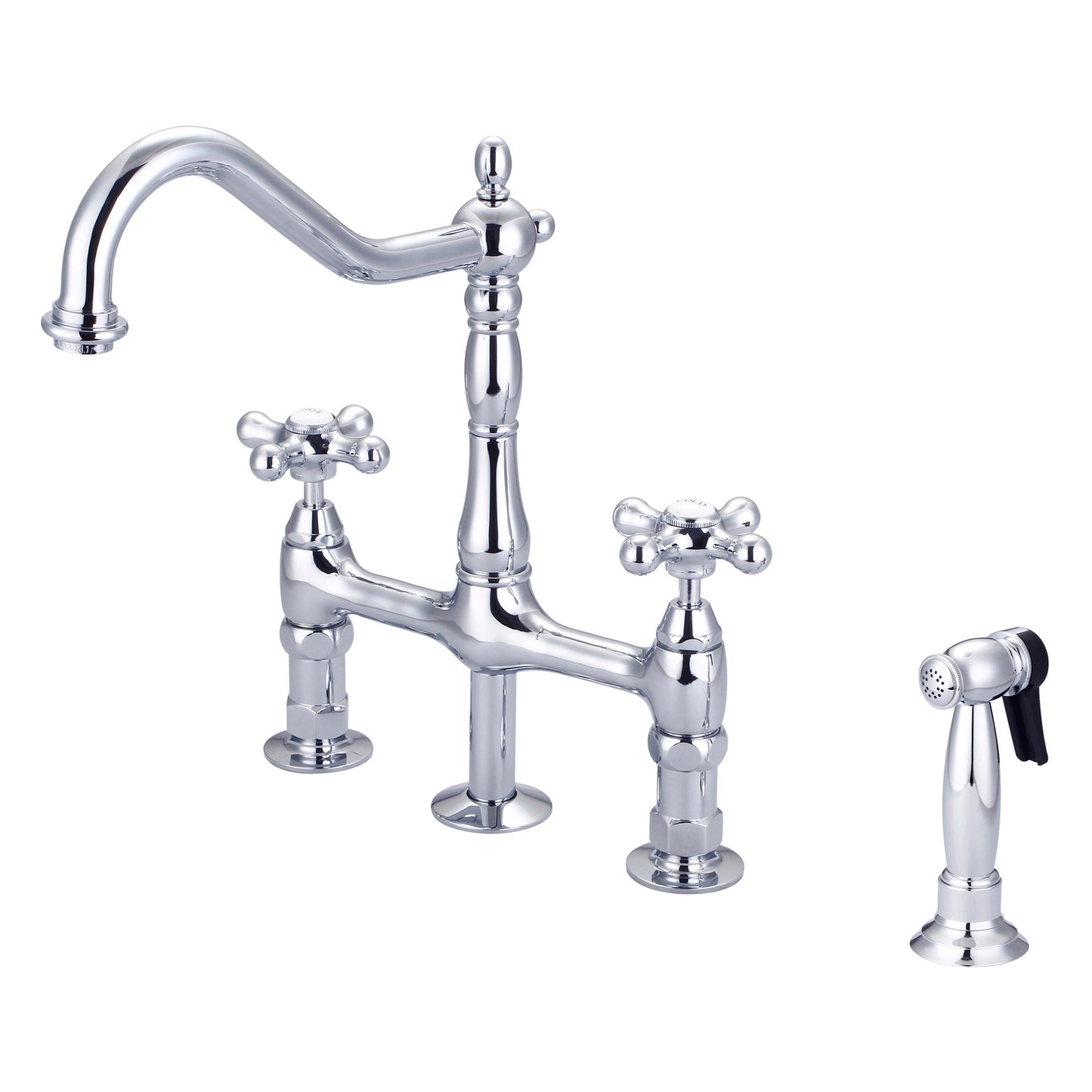 Emral Kitchen Bridge Faucet, Sidesprayer & Metal Cross Handles, Chrome