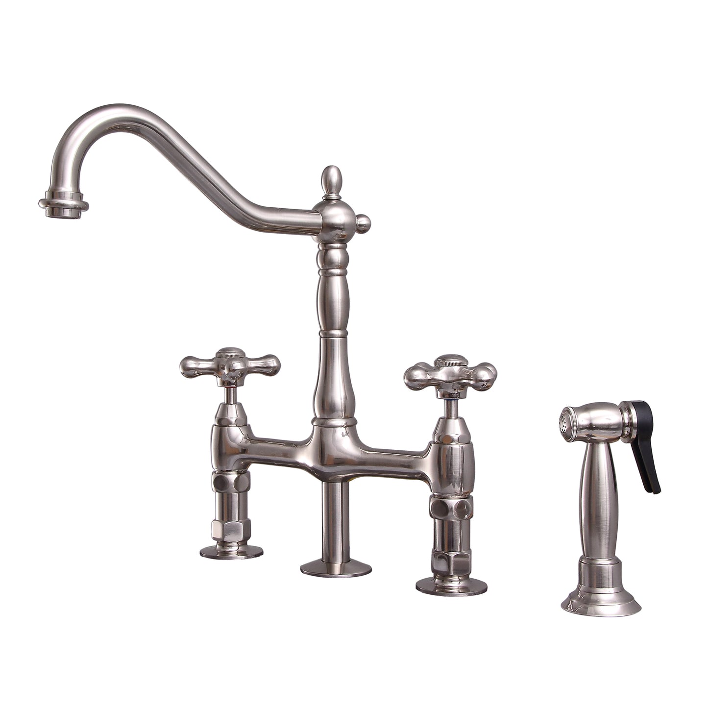 Emral Kitchen Bridge Faucet with Sidesprayer & Cross Handles Brushed Nickel