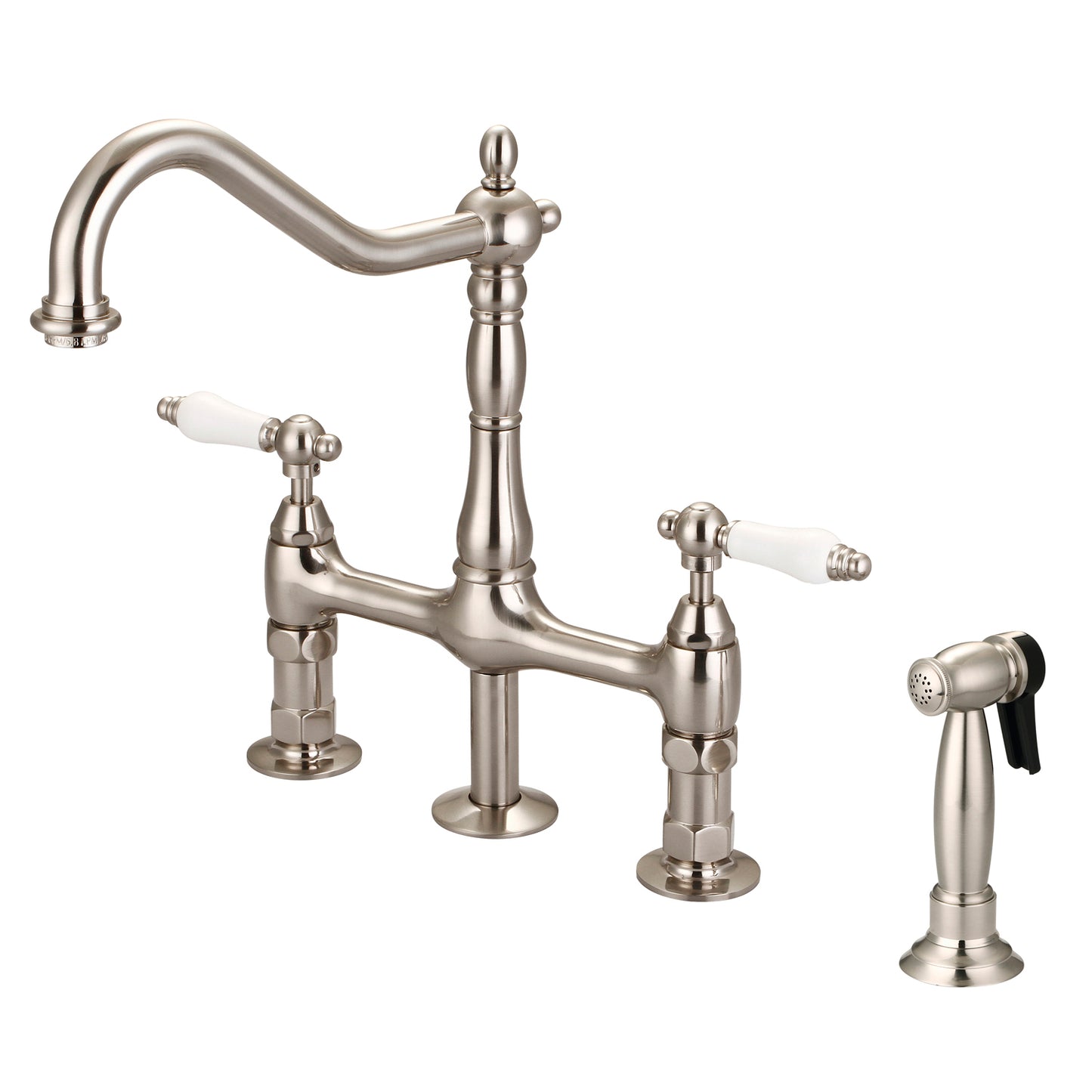 Emral Kitchen Bridge Faucet, Sidesprayer & Porcelain Lever Handles, Brushed Nickel