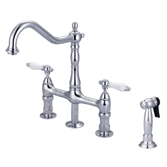 Emral Kitchen Bridge Faucet, Sidesprayer & Porcelain Lever Handles, Chrome