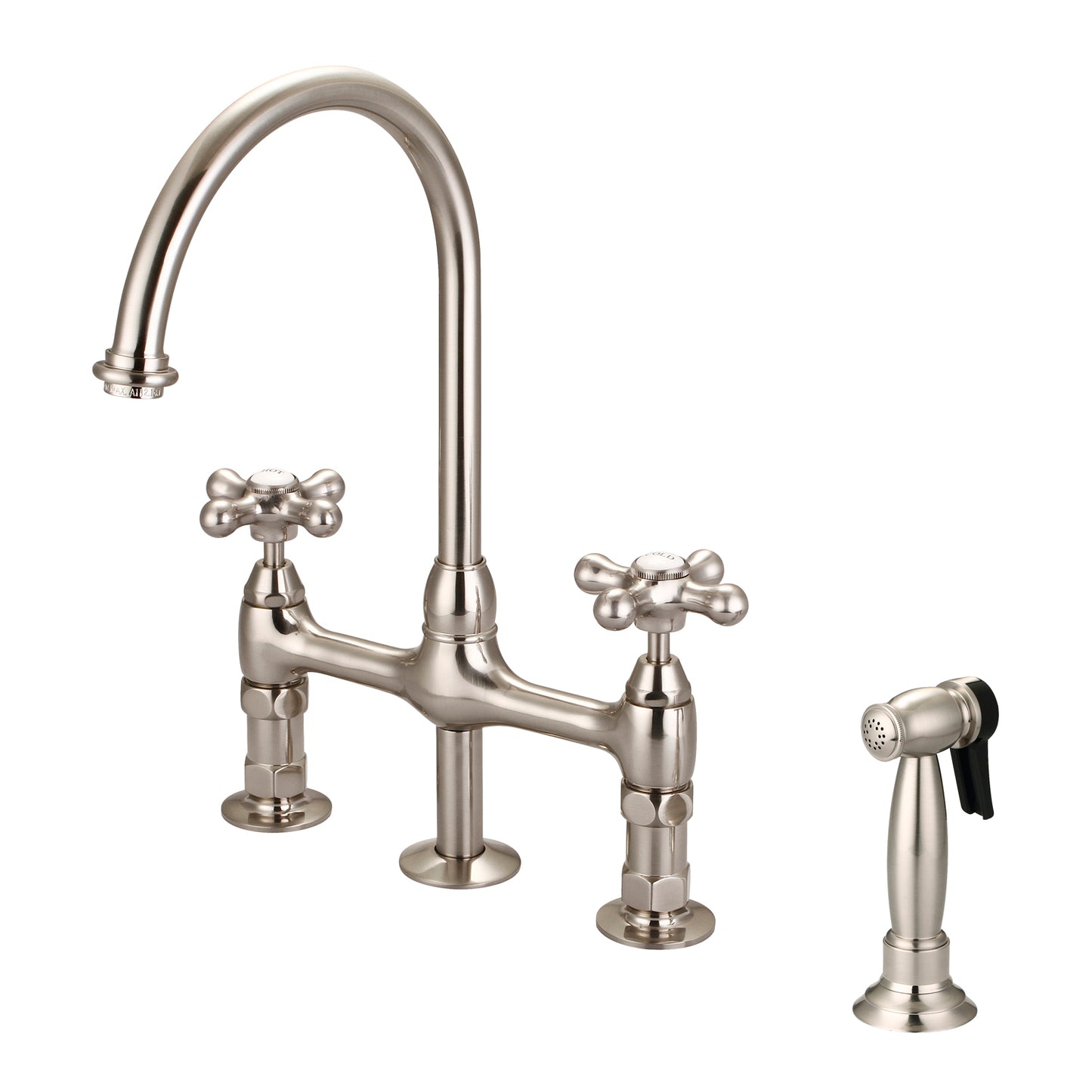 Harding Kitchen Bridge Faucet, Sidesprayer & Metal Cross Handles, Brushed Nickel
