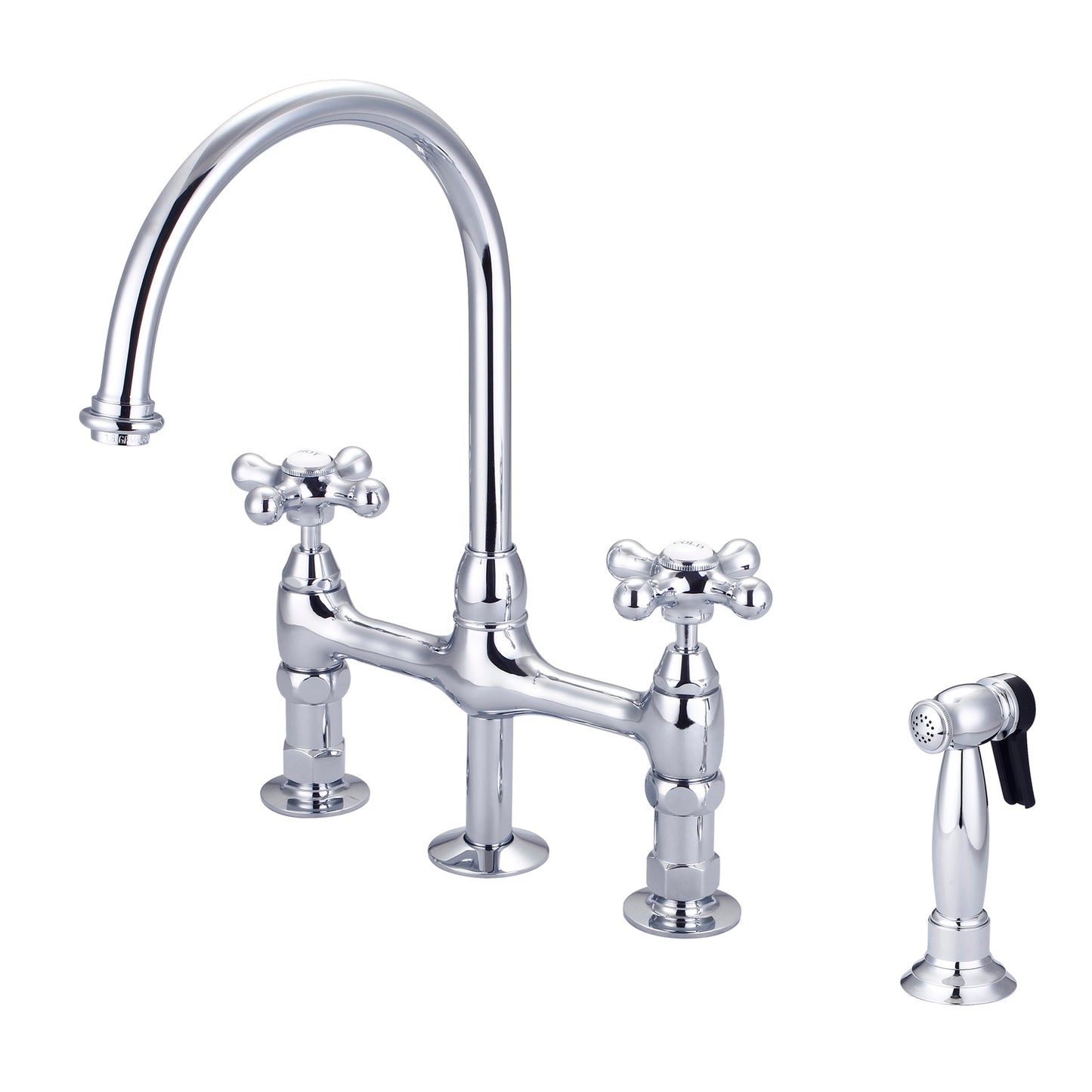 Harding Kitchen Bridge Faucet, Sidesprayer & Metal Cross Handles, Chrome
