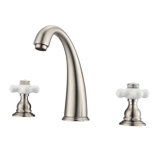 Maddox 8" Widespread Brushed Nickel Bathroom Faucet with Porcelain Cross Handles