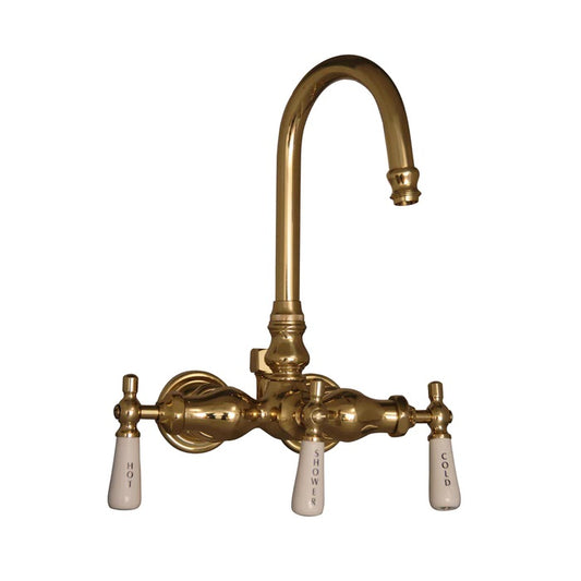 Tub Diverter Gooseneck Faucet with Porcelain Lever Handles in Polished Brass