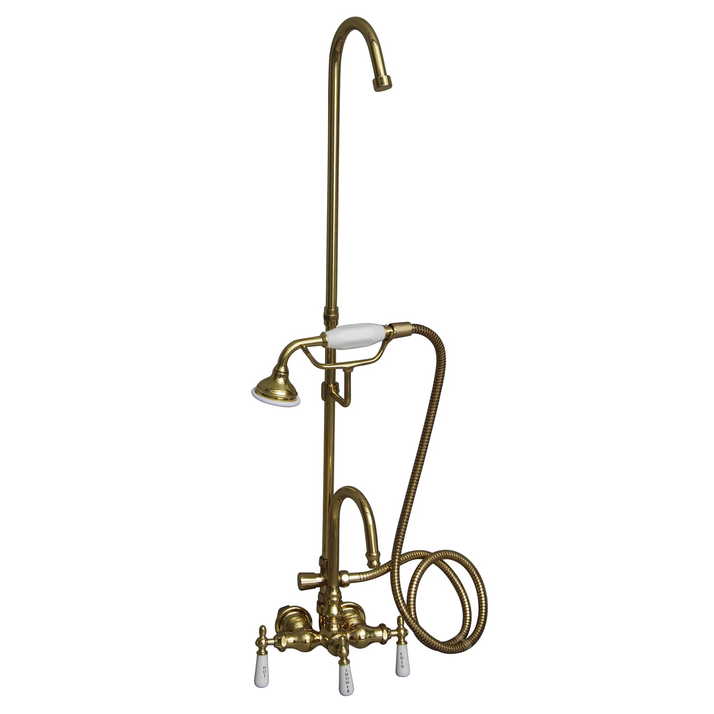 Clawfoot Tub Gooseneck Faucet Kit with Lever Handles, Hand Shower, & Riser Polished Brass