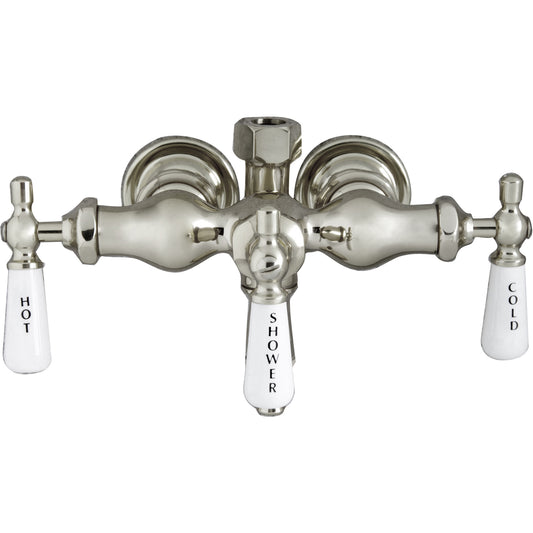 Three-Handle Clawfoot Tub Diverter Faucet in Polished Nickel with Porcelain Lever Handles