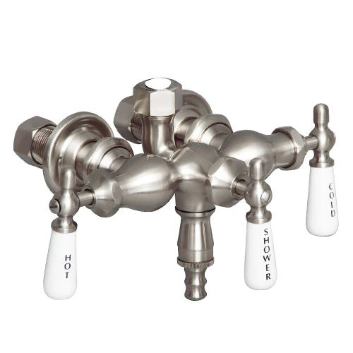 Three-Handle Clawfoot Tub Diverter Faucet in Brushed Nickel with Porcelain Lever Handles