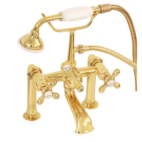 Tub Deck Diverter Faucet with Hand Shower & Cross Handles in Polished Brass