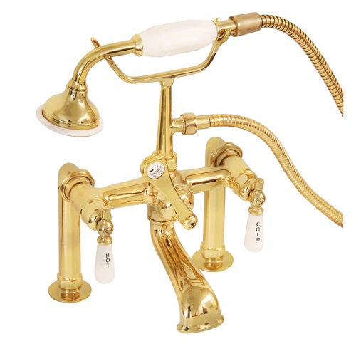 Tub Deck Diverter Faucet with Hand Shower & Lever Handles in Polished Brass