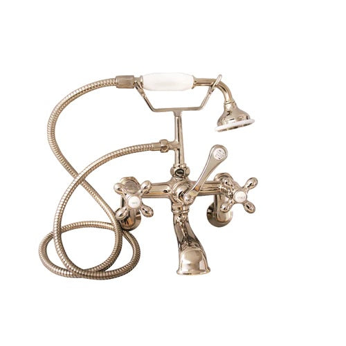 Wide Spout Tub Faucet, Hand Shower, Cross Handles, Polished Nickel with Porcelain