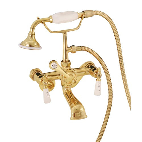 Wide Spout Tub Faucet, Hand Shower, Lever Handles, Polished Brass with Porcelain