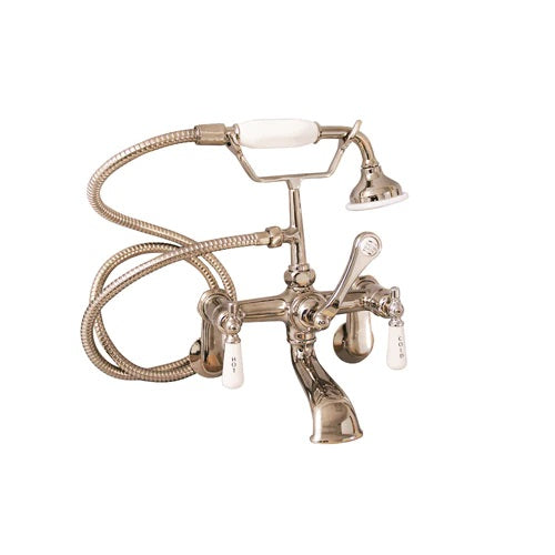 Wide Spout Tub Faucet, Hand Shower, Lever Handles, Polished Nickel with Porcelain