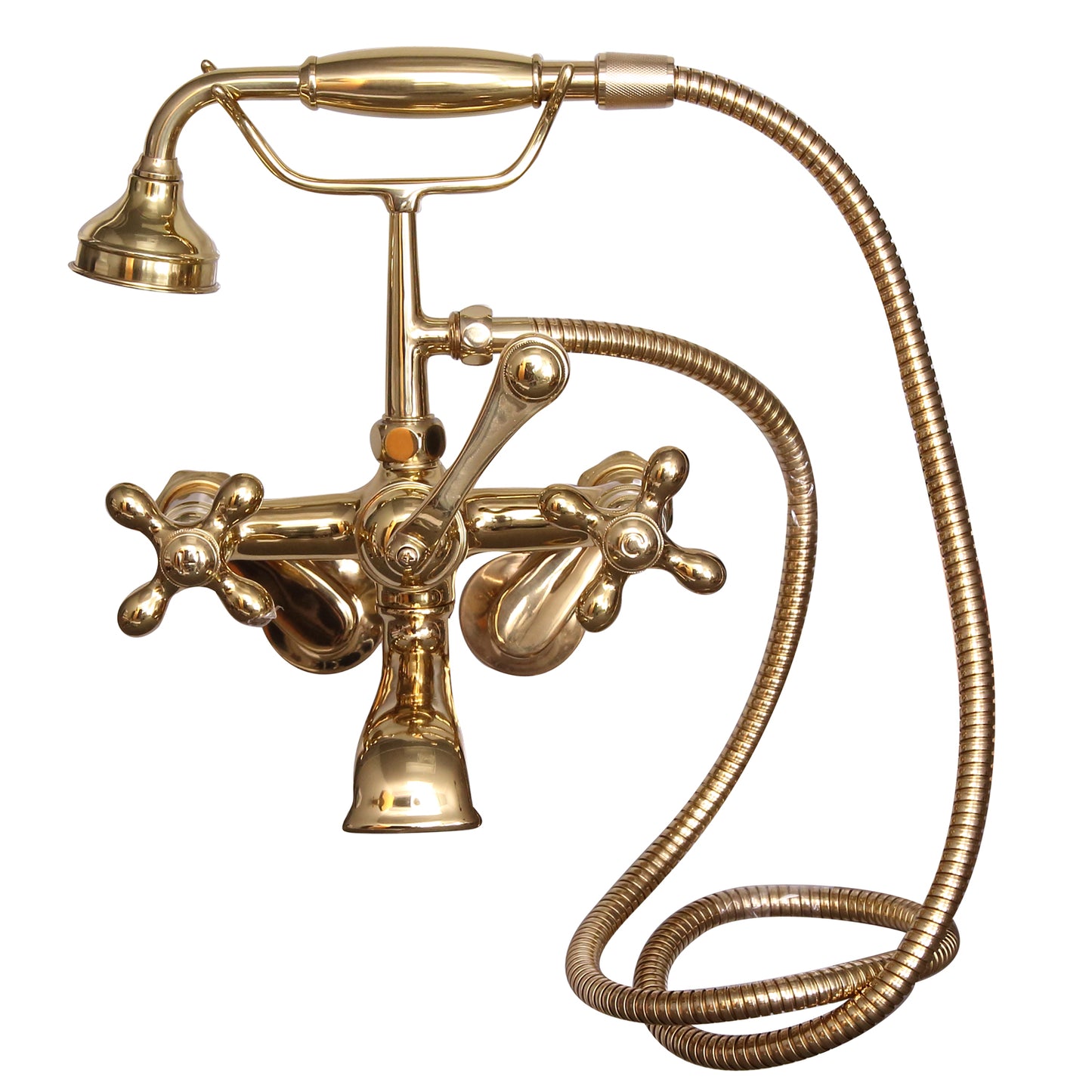 Wide Spout Tub Faucet with Hand Shower, Swivel Wall Mounts, Cross Handles, Polished Brass