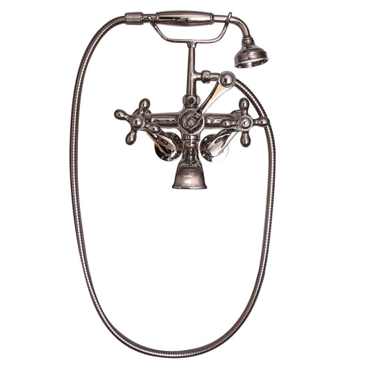 Wide Spout Tub Faucet with Hand Shower, Swivel Wall Mounts, Cross Handles, Polished Nickel