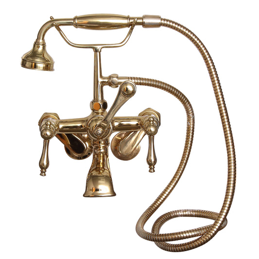 Wide Spout Tub Faucet with Hand Shower, Swivel Wall Mounts, Finial Lever Handles, Polished Brass