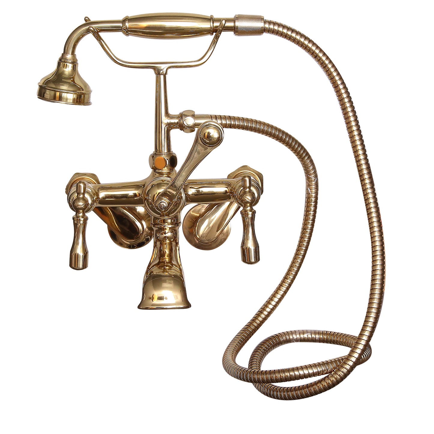 Wide Spout Tub Faucet with Hand Shower, Swivel Wall Mounts, Lever Handles, Polished Brass